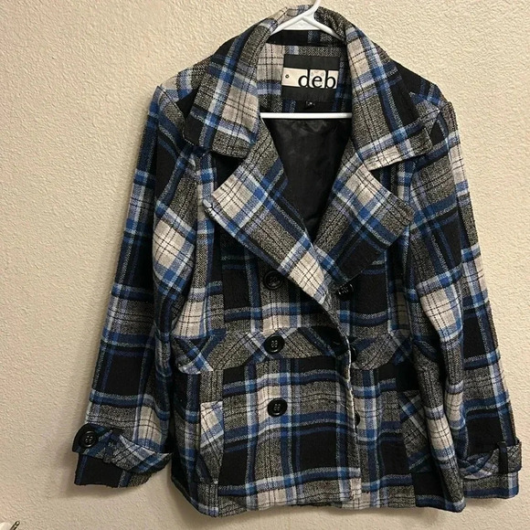 Deb Vintage Double Breasted Wool Blend Pea Coat Blue Plaid Lined Size 1X - Picture 1 of 8